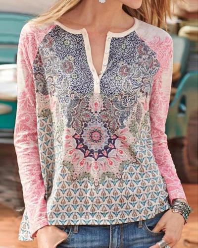 Buttoned Printed Casual V-neck Blouses