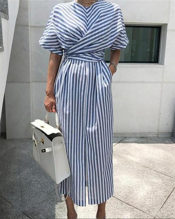 Elegant Stripe Short Sleeve Front Split Dress