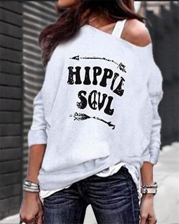One Shoulde Printed Fall Loose  Daily Pullover Tops