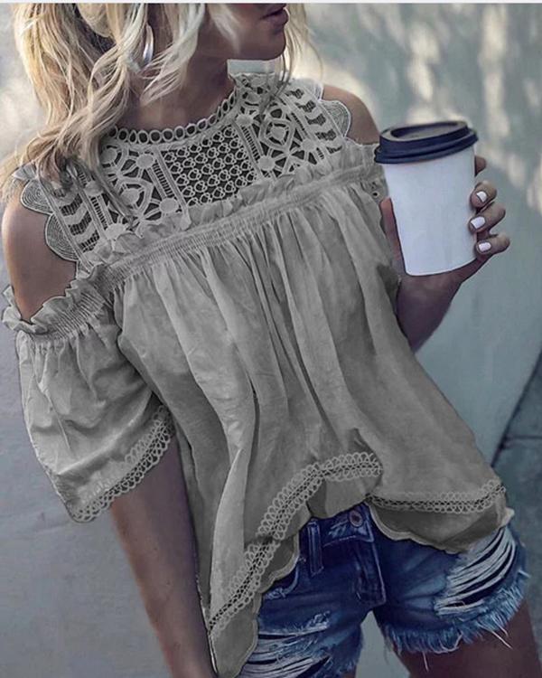 Fashion Crew Neck Half Sleeve Hollow Solid Blouses Tops