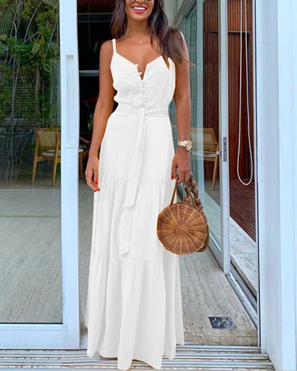 Women Summer Button V-neck Stitching Dress