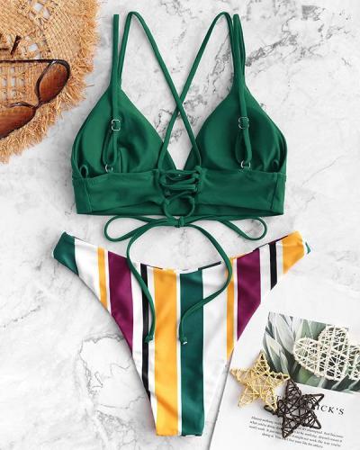 Lace-up Multi Striped Bikini Swimsuit