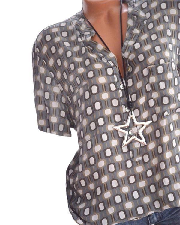 Band Collar Loose Fitting Geometric Short Sleeve Blouses