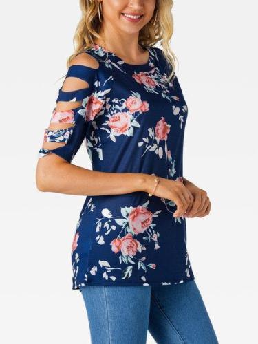 Cut Out Cold Shoulder Floral Print Crew Neck Short Sleeves Tshirts