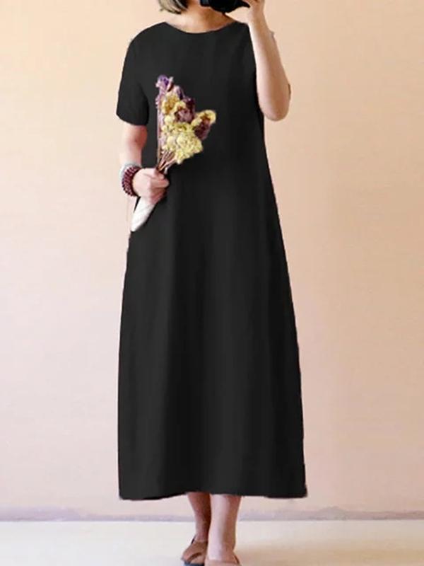 Women Casual Short Sleeve Solid Cotton Plus Size Dress