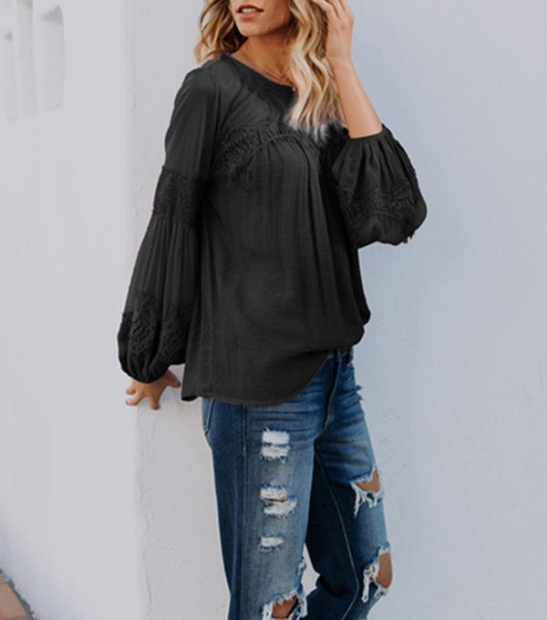 Women Casual Lace Embroidery Long Sleeve Solid Plus Size Blouses Tops