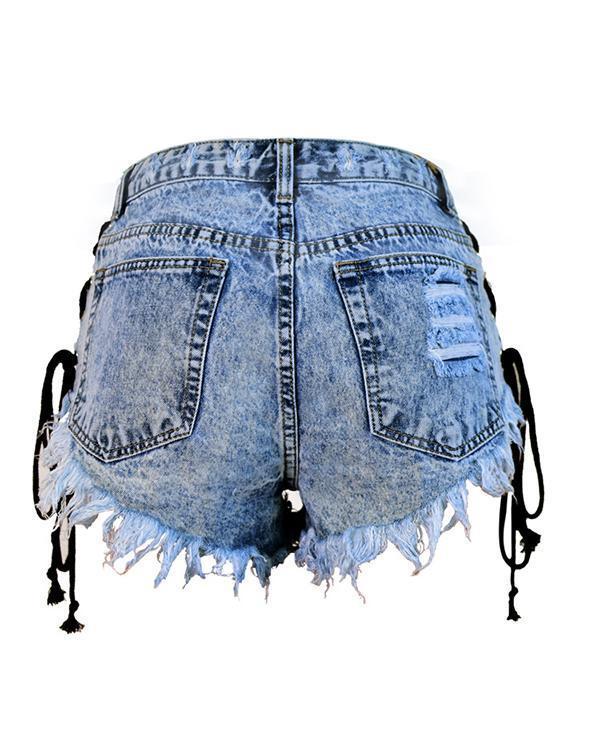 Bandage Tassel Design Washed Denim Shorts Pants