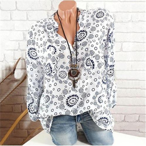 Plus Size Casual Long Sleeves Flower Printed V-Neck Blouses