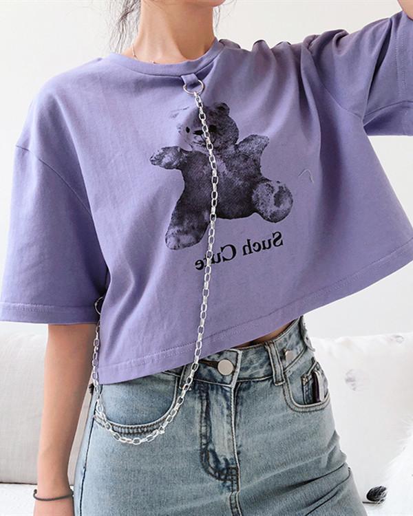Women's bear print chain cotton T-shirt