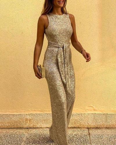 Glitter Round Neck Sleeveless Backless Sequins Jumpsuits