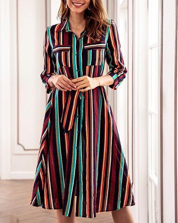 Colorful Striped Turn Down Collar Casual Shift Dresses