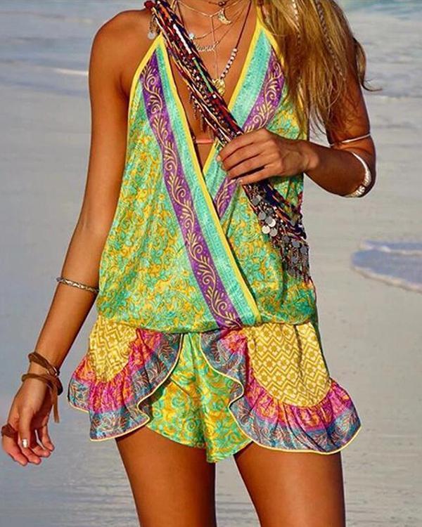 Beach Casual V Neck Sleeveless Printed Color Jumpsuit