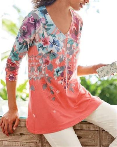 Women Flora Printed V Neck Holiday Fall Daily Casual Blouse