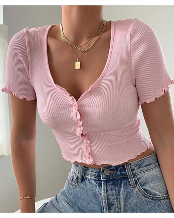 Women's solid color short sleeve button tops Blouses