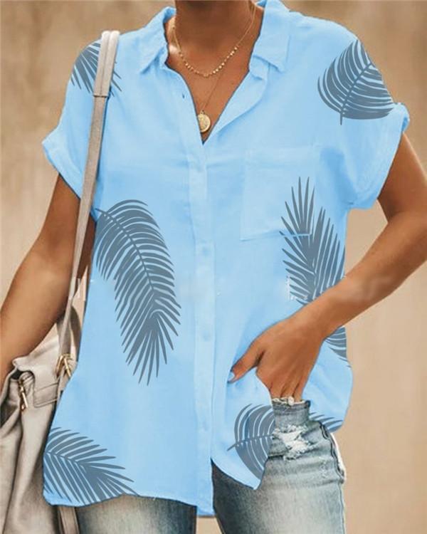 Short Sleeve  Leaves Printed Summer Women Holiday Blouse