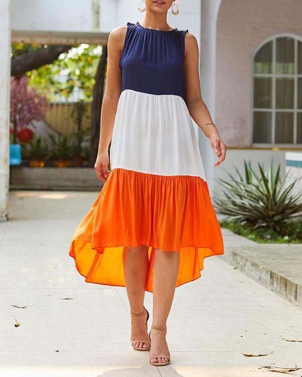 Color Block Irregular Sleeveless Midi Dress