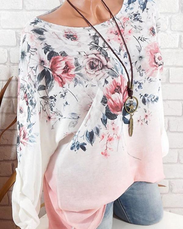 Round Neck Loose Fitting Floral Long Sleeve T-Shirts