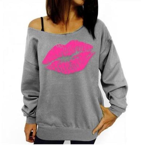 Casual Lips Print Off-shoulder Long Sleeve Women Sweatshirts