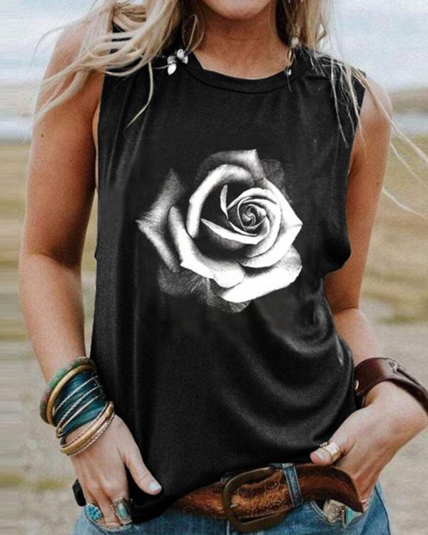 Floral Print Crew Neck Sleeveless Casual T-shirt