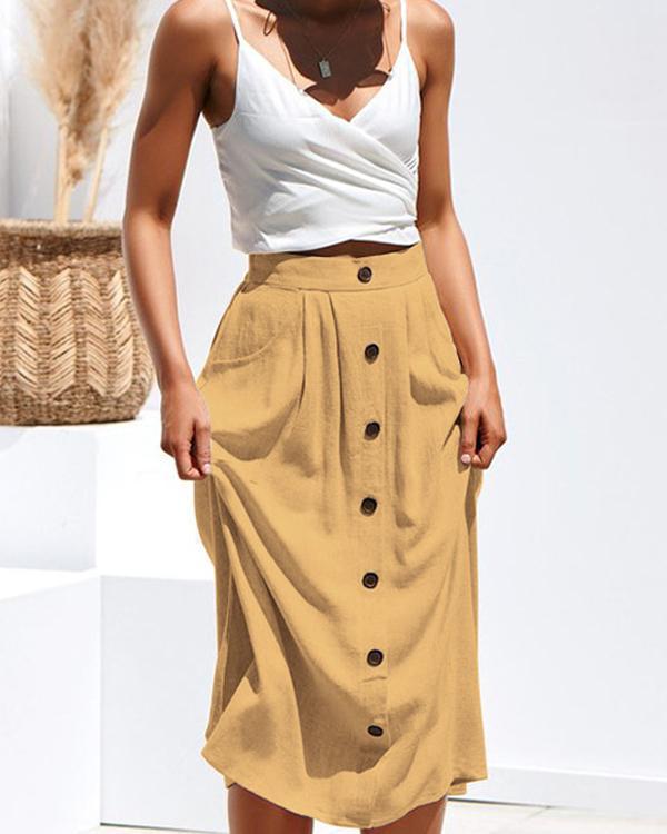 Women's Casual Solid Button Front High Waist A Line Midi Skirt