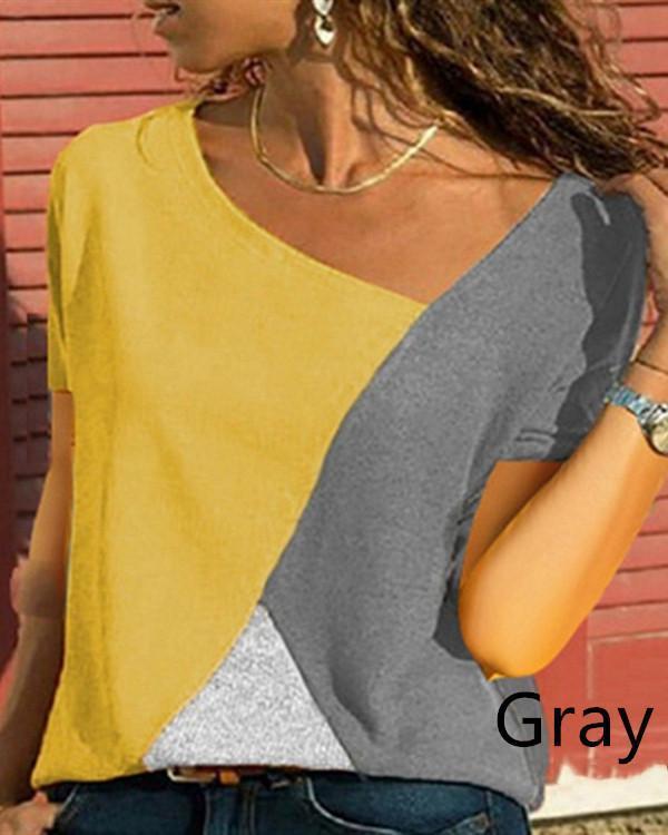 Women Casual Short Sleeve Patchwork V Neck T-Shirts Tops