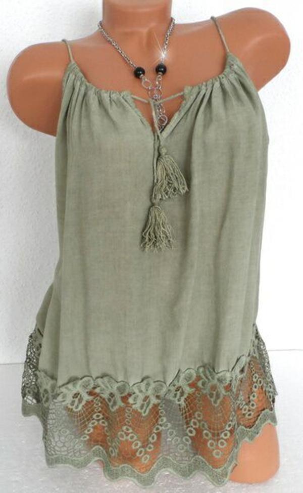 Lace Stitching Solid Color Sleeveless Strap Vest Tops