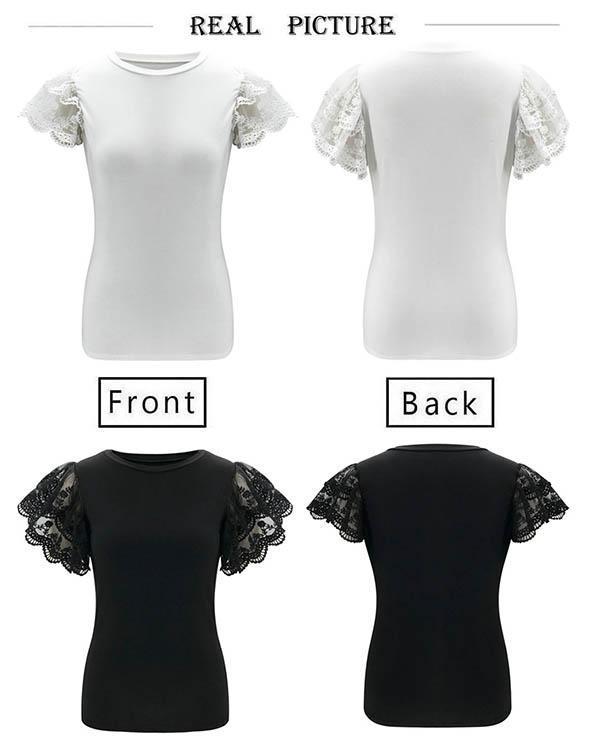 Lace Flounce Sleeve Black and White Solid T-shirts