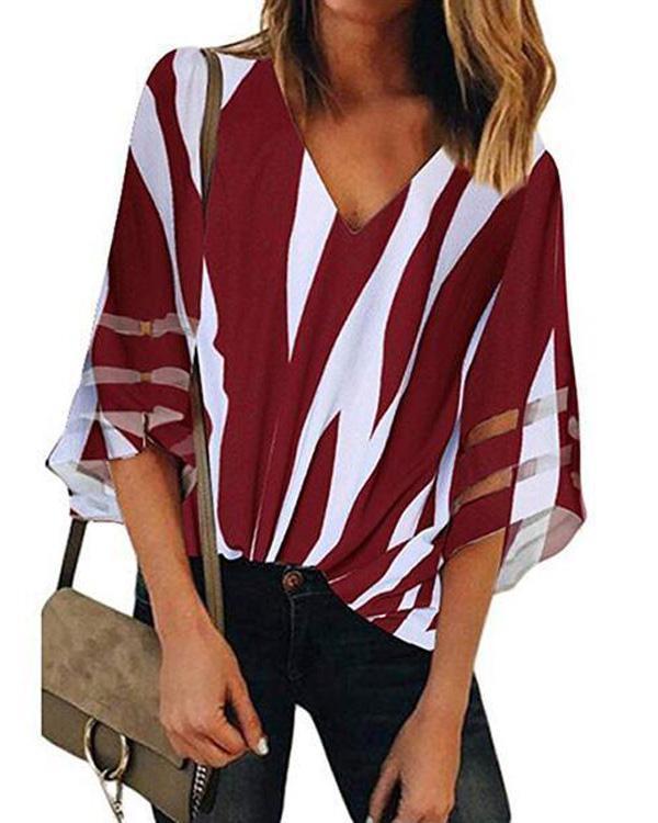 V-Neck Mesh Stitching Trumpet Sleeve Striped Blouse Tops
