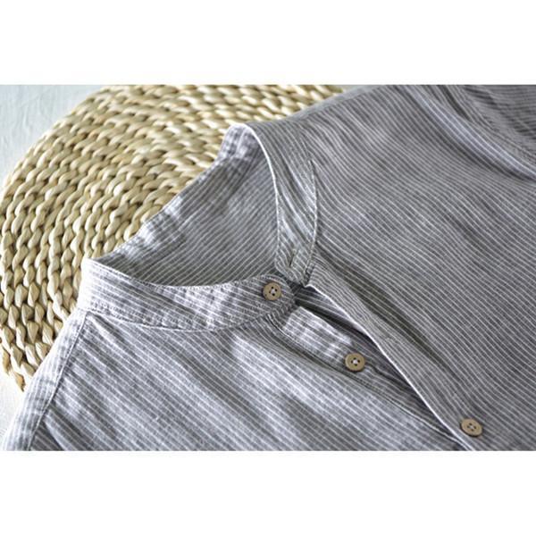 100% Cotton Breathable Striped Half Sleeve Loose Buttons T-Shirts For Men