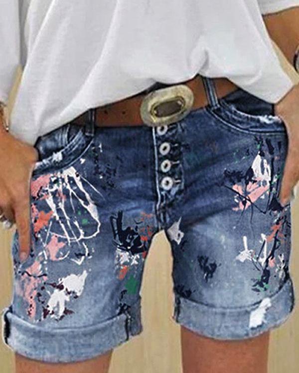 Abstract Print Paneled Folds Buttoned Short Jeans Pants