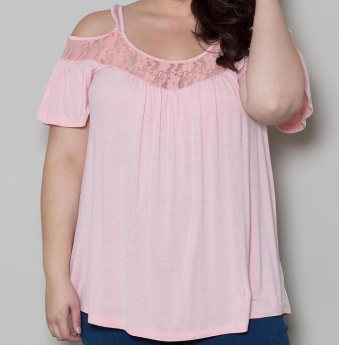 Lace Details Cold Shoulder Short Sleeves Tshirts