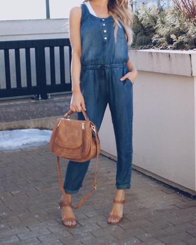 Tie Pocketed Denim Jumpsuit