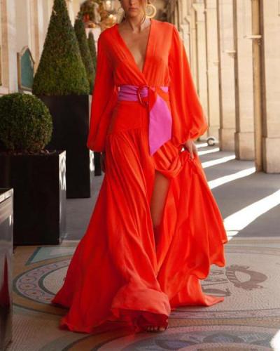 Red Women Elegant Maxi Dress Vacation V-neck Dresses