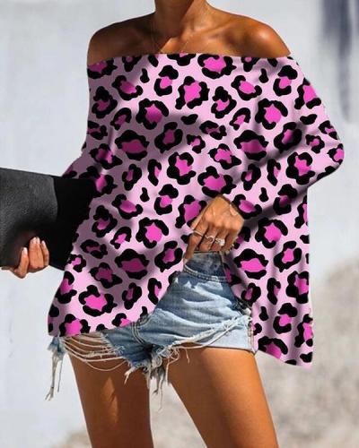 Casual Leopard Print Boat Neck Long Sleeve Loose Blouse