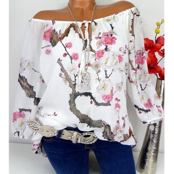 Floral Boat Neckline Long Sleeve Blouses