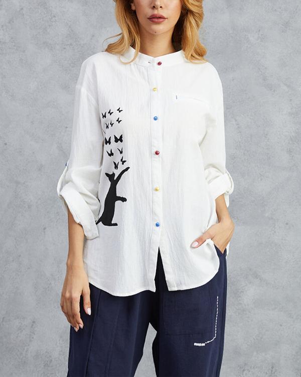 Cat Print Long Sleeve Blouse Colorful Button Shirt