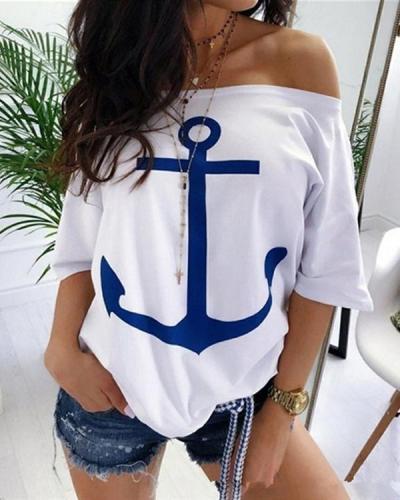 Casual Off Shoulder Bat Sleeve Printed Plus Size Shirts Tops