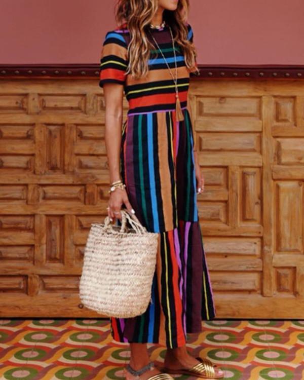 Women Crew Neck Multicolor Paneled Summer Dresses