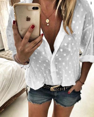 Polka Dot V-Neck Long Sleeves Button Up Casual Elegant Blouses