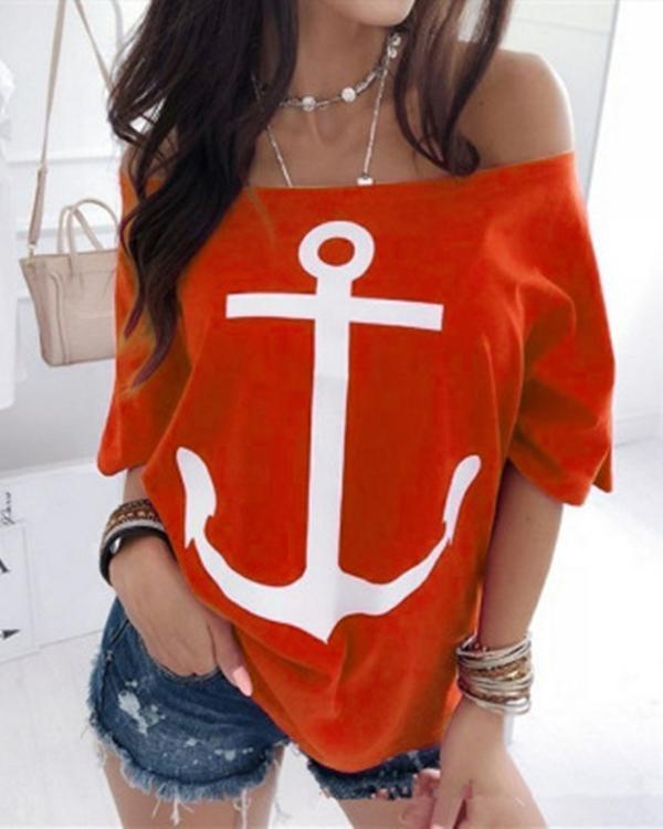Casual Off Shoulder Bat Sleeve Printed Plus Size Shirts Tops