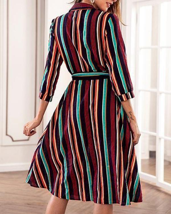 Colorful Striped Turn Down Collar Casual Shift Dresses