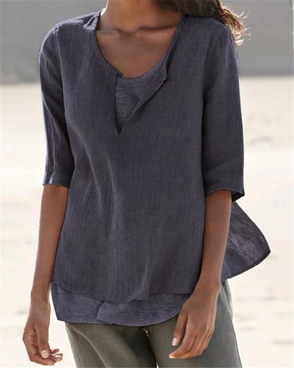 Women Clothing Half Sleeve V Neck Casual Solid Shirts
