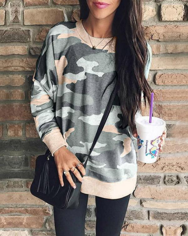 Plus Size Casual Long Sleeves Camouflage Printed Sweatshirt