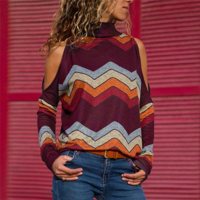 Printed Vintage Cold Shoulder Long Sleeve T-Shirts