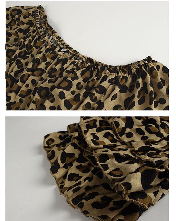 Leopard Print Off-Shoulder Flounce Sleeve A-line Dress