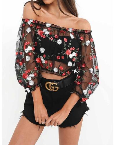 Embroidered Transparent Mesh Sheer Off-Shoulder Blouses