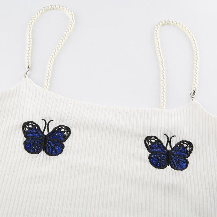 Faux Pearl Ribbed Butterfly Embroidered Cami Top