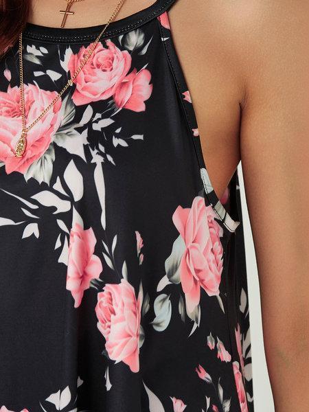 Black Random Floral Print Sleeveless Tops