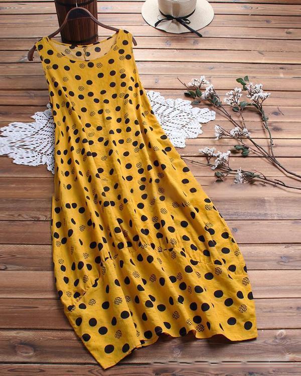 Round Neck Women Summer Dresses Printed Polka Dots Midi Dresses