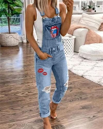 Women's Casual Holiday Ripped Denim Jumpsuit